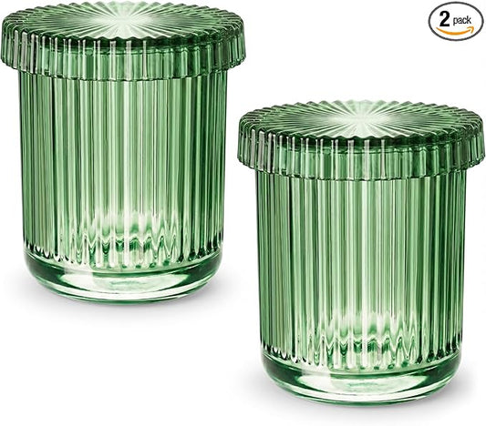 2 Pack Qtip Holder - Apothecary Jars with Lids, Bathroom Organizers and Storage Canister for Cotton Balls,Swabs,Floss Picks,Hair Ties,Clear Glass Vintage Bathroom Decor Jar Set (Green)