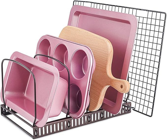 Toplife 10+ Bakeware Organizer Rack for Kitchen Bakeware, Cookware, Dinnerware, Cutting Boards, Plates, Pot and Pan Lids (Brown) by Toplife