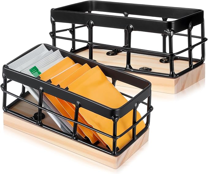 Blulu Sugar Packet Basket Iron Sugar Organizer with Wooden Base Small Caddy Iron Organizer Coffee Creamer Holder Tea Bag Caddy Holder for Coffee Bar Kitchen Home(2 Sets)