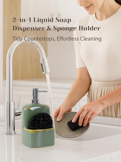 INGOFIN Kitchen Dish Soap Dispenser with Sponge Holder, 2-in-1 Ceramic Refillable Hand Soap Bottle & Sponge Caddy Set, for Kitchen Sink Organizer and Bathroom, Green