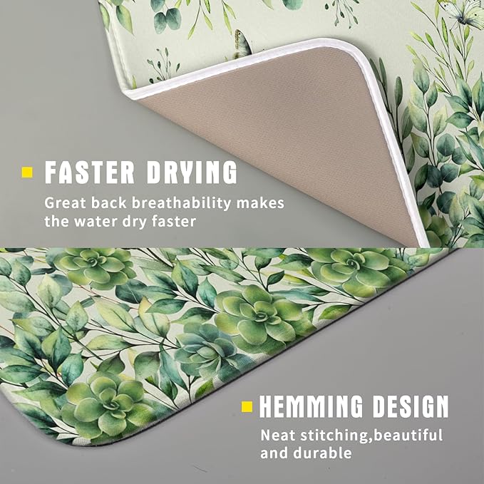 Giwawa Spring Summer Leaf Dish Drying Mat for Countertop, 16"x18" Eucalyptus Leaves Butterfly Dish Drainer Mats, Sage Green Fast Dry Microfiber Large Dish Drying Pad Decoration