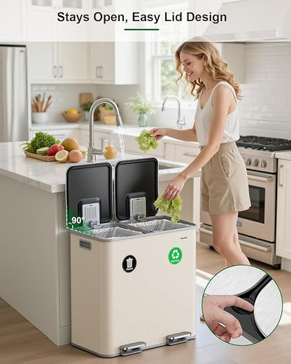 Lovewind 2×11.5 Gallon Dual Trash Can, Stainless Steel Dual Garbage and Recycling Can with Foot Pedal, 90° Stay-Open Lid, Large Dual Compartment Trash Recycling Bins Kitchen, Apricot