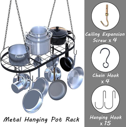 33' Oval Pan Rack Hanging, Heavy Duty Ceiling Pot Rack with Hooks, Metal Pot Hanger with Grid, Pan and Pot Hangers for Kitchen Cookware Utensils Toiletries, Easy Assembly, Black