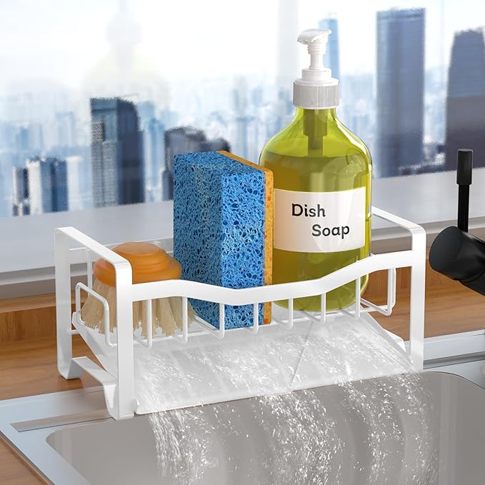 Maifan Stainless Steel Kitchen Sink Caddy Organizer with Auto Drain Tray, Sponge Holder for Countertop Storage (White) by Unknown