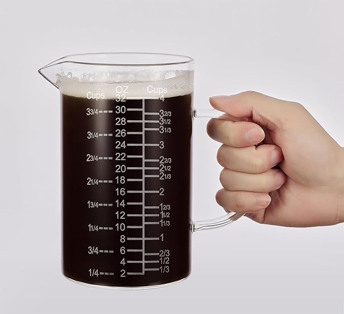 Ackers Etched Graduated Glass Measuring Cup - [Insulated Handle | V-Shaped Spout] - High Borosilicate Glass Measuring Cup for Kitchen or Dining, Easy to Read,1000 ML (32 Oz, 4 Cup) by AckersBORO33