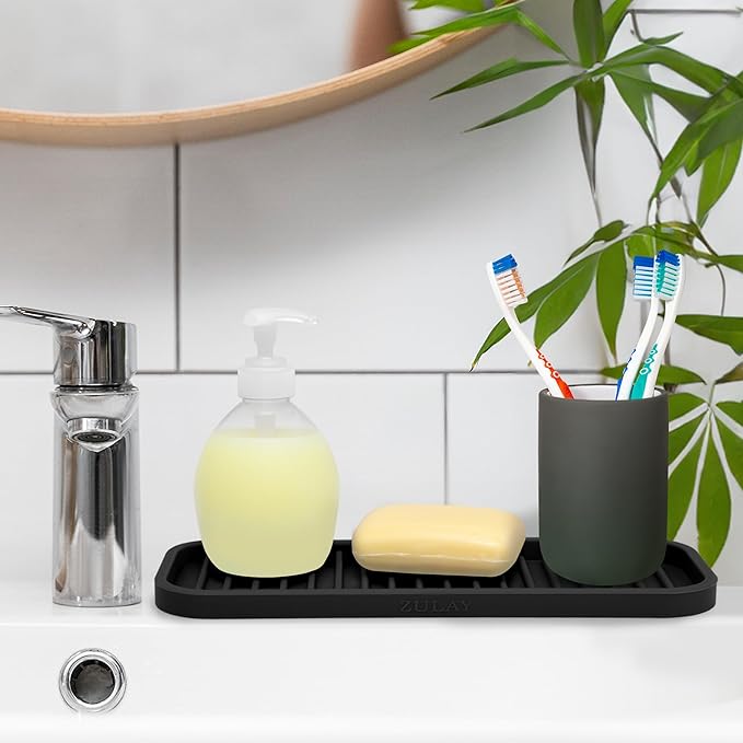 Zulay Kitchen (9x3.5) Silicone Sponge Holder for Kitchen Sink - Flexible Multipurpose Soap Tray Sponge Holder - Sink Organizer Tray for, Bathroom, Makeup, Trinkets & More (Black) - Image 5