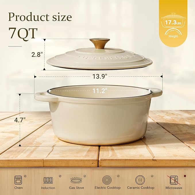 Overmont Enameled Cast Iron Dutch Oven - 7QT Pot with Lid Cookbook & Cotton Potholders - Heavy-Duty Cookware for Braising, Stews, Roasting, Sourdough Baking Cream White - Image 6