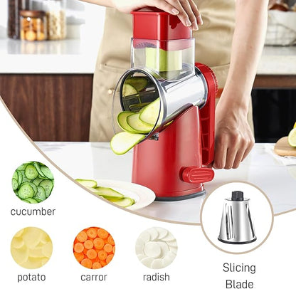 Weltonhm Rotary Cheese Grater with 3 Blades, Large Hand Crank Cheese Grater with Waffle Slicer, Black and White Cheese Slicer with Suction Base, Easier for Shredding& Grating (red, 3 Graters)