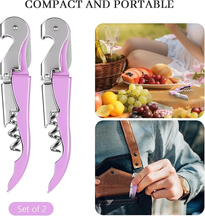 HYZ 2-Pack Wine Opener Waiter Corkscrew, Professional Wine Key for Servers, Bartender with Foil Cutter, Manual Wine Bottle Opener Double Hinged (Light Purple) - Image 8