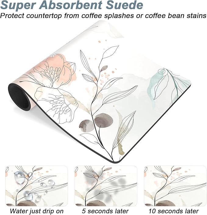 Rnivvi Coffee Mat, 12" x 19" Cute Coffee Bar Mats for Espresso Machine Station Accessories and Organizer, Hide Stain Rubber Backed Absorbent Dish Drying Pad for Kitchen Counter, Watercolor Flowers - Image 3