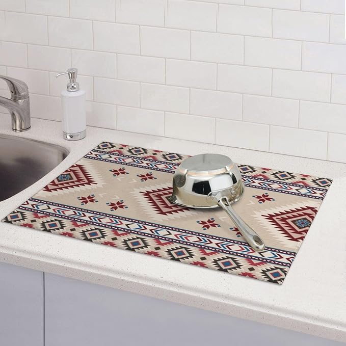 Rustic Ethnic African Dish Drying Mat Vintage Tribal Aztec Southwestern Drying Rack Pad Countertop Dishes Ultra Absorbent Microfiber Kitchen Counter Mat 18x24 Inch