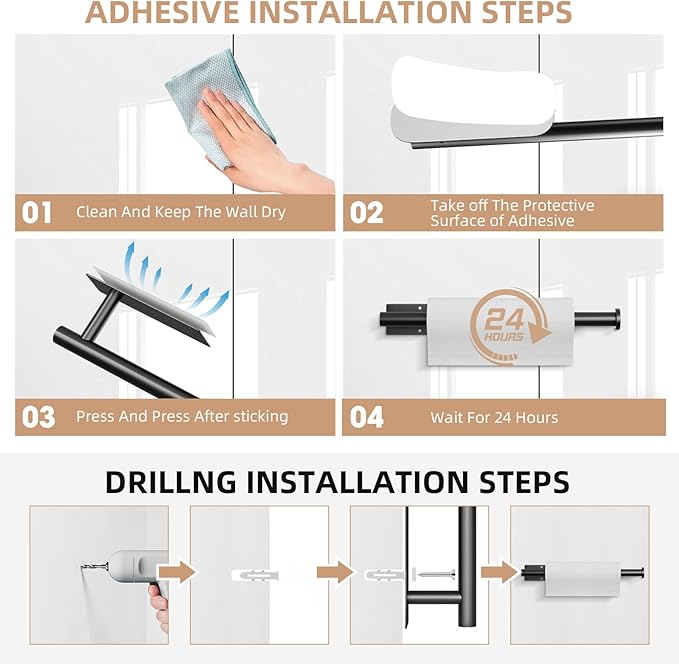 2 Pack Paper Towel Holder, Improved Paper Towel Holder Under Cabinet, Stainless Steel Paper Towel Holders Bar Rack with Self Adhesive and Screws for Kitchen, Bathroom, RV, Black - Image 7