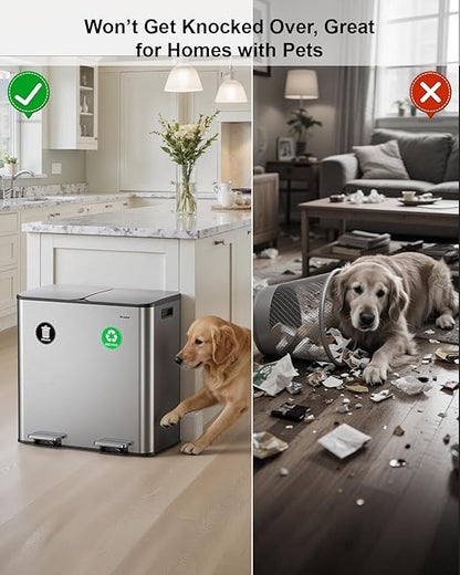 Lovewind 2×11.5 Gallon Dual Trash Can, Stainless Steel Dual Garbage and Recycling Can with Foot Pedal, 90° Stay-Open Lid, Pet-Proof Design – Large Dual Compartment Trash Recycling Bins Kitchen, Silver