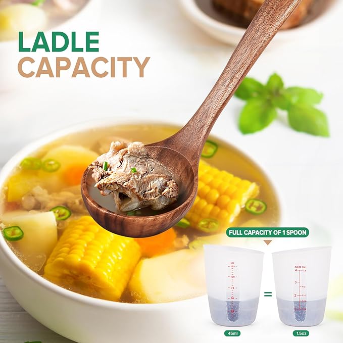 Wooden Spoons for Cooking,2 Pcs Wooden Utensil Set of Soup Ladle &Spaghetti Pasta Spoon with Teeth, Teak Wood Soup Ladle&Slotted Pasta Fork Strainer Spoon Set for Serving Collecting Noodle Gravy Sauce - Image 4