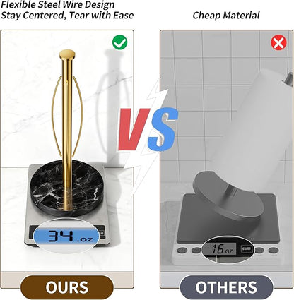 YIGII Heavy Marble Base Paper Towel Holder Countertop - Standing Paper Towel Roll Holder with Black Weighted Base, Gold Papertowel Holder for Kitchen