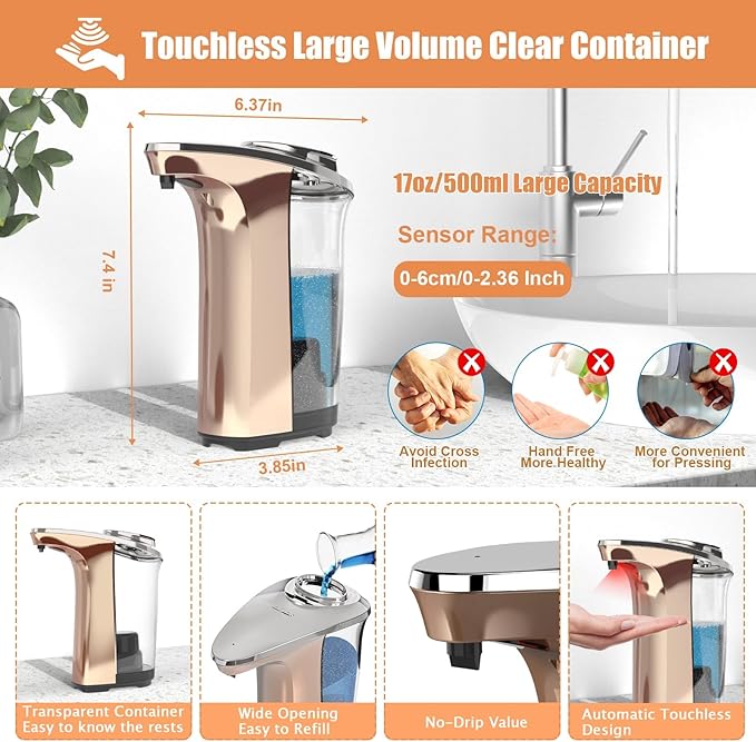 Automatic Soap Dispenser, PZOTRUF Touchless 17oz/500ml with Upgraded Infrared Sensor, 5 Adjustable Soap Dispensing Levels, Liquid Hand Soap Dispenser for Bathroom (Rose Gold) - Image 2