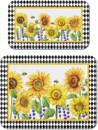 Dish Drying Mat for Kitchen Counter 2 Pack with Non-Slip Rubber Backing - Heat-Resistant Absorbent Coffee Bar Mat, Dish Rack Mat, Sunflower Dish Drying Mats 18x24+19.5x12 inch