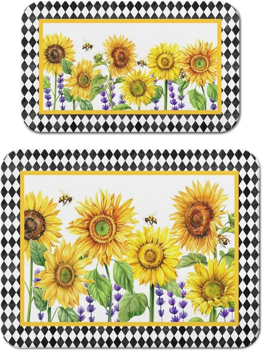 Dish Drying Mat for Kitchen Counter 2 Pack with Non-Slip Rubber Backing - Heat-Resistant Absorbent Coffee Bar Mat, Dish Rack Mat, Sunflower Dish Drying Mats 18x24+19.5x12 inch