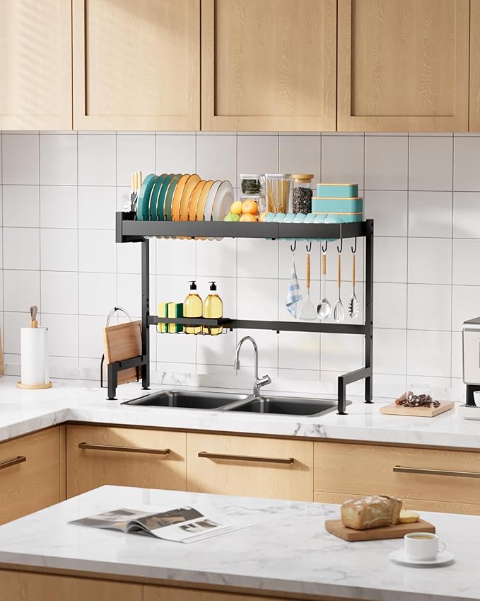 Sakugi Over The Sink Dish Drying Rack, Expandable 2-Tier Stainless Steel Kitchen Storage Organization Accessories for Countertop, Rustproof & Space-Saving, 30"–34.5" L x 12" W x 25" H, Black - Image 7