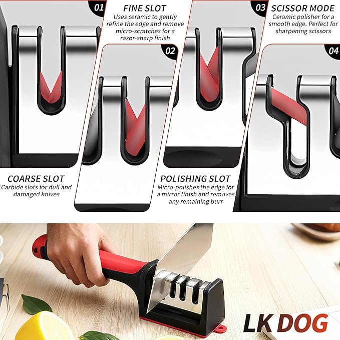 4-in-1 Kitchen Knife Sharpener, Professional Grade with Tungsten Steel and Ceramic Slots, Scissor Sharpening, Black/Red - Image 6