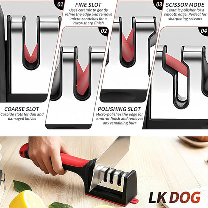 4-in-1 Kitchen Knife Sharpener, Professional Grade with Tungsten Steel and Ceramic Slots, Scissor Sharpening, Black/Red - Image 6