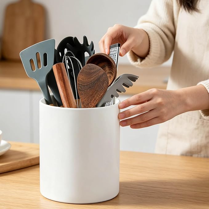 7" White Utensil Holder, Large Kitchen Utensil Holder Organizer , White Stable Utensil Crock Spatula Holder for Kitchen Counter Countertop Farmhouse Cooking Tools Holder - Image 7