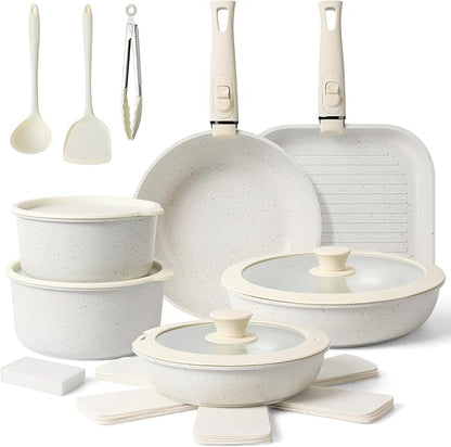 20-Piece Ceramic Nonstick Cookware Set – Induction Compatible, Non-Toxic Pots & Pans with Removable Handles, Dishwasher & Oven Safe Stackable RV/Camping Cookware Cream White by HealthyCookingHappyLiving