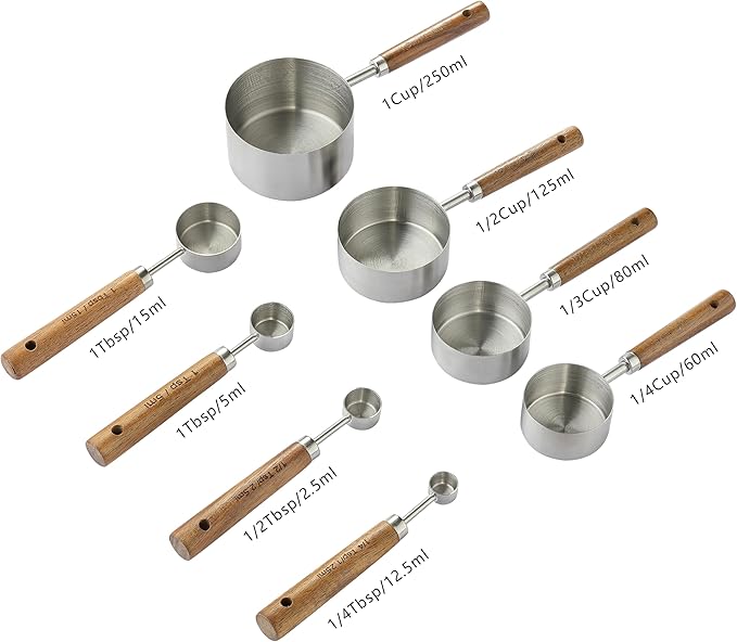 8PCS Measuring Cups, DAJLFA Stainless Steel Measuring Cups and Spoons Set with Ergonomic Wooden Handle for Cooking & Baking - Image 2