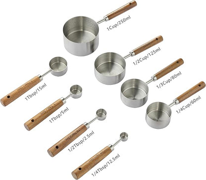 8PCS Measuring Cups, DAJLFA Stainless Steel Measuring Cups and Spoons Set with Ergonomic Wooden Handle for Cooking & Baking - Image 2