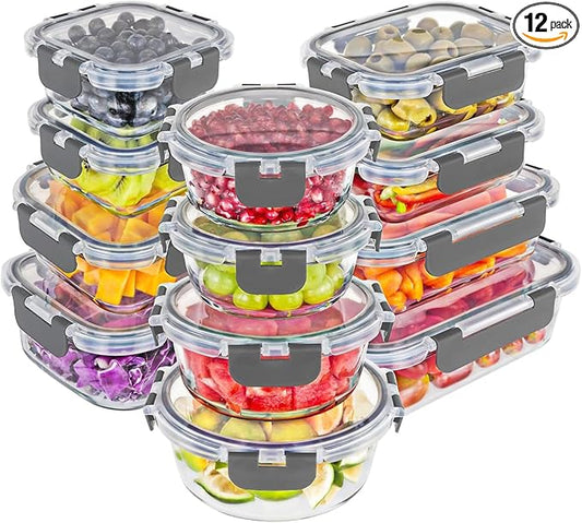 Magic Mill Premium Borosilicate Glass Food Storage Containers with lids Set | 24pc Sets with 12 Bowls & 12 Airtight Locking Lids for Lunch & Meal Prep, Safe for Oven, Freezer, Dishwasher, BPA-Free by magicmill