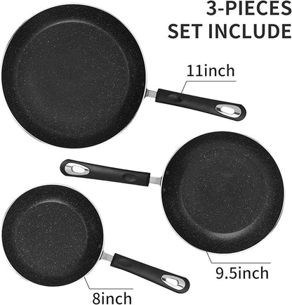 Nonstick Frying Pan Set-3-Pieces Skillet Set Induction Compatible,8 Inch,9.5 Inch and 11 Inch Omelette Pan with Bakelite Handles - Image 3