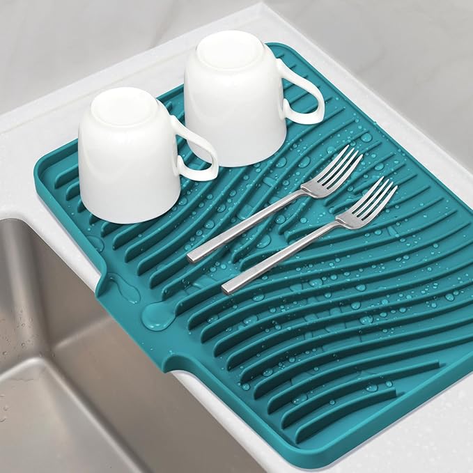 TIKNIK Silicone Dish Drying Mat, Stone Drying Mat for Kitchen Counter with Built-In Drain, Non-Slip Drain Pad with Built-in Drain, Heat Resistant Stone Drying Mat, Hangable, Green-1pcs, 16" x 12" by TIKNIKHomeOutdoor