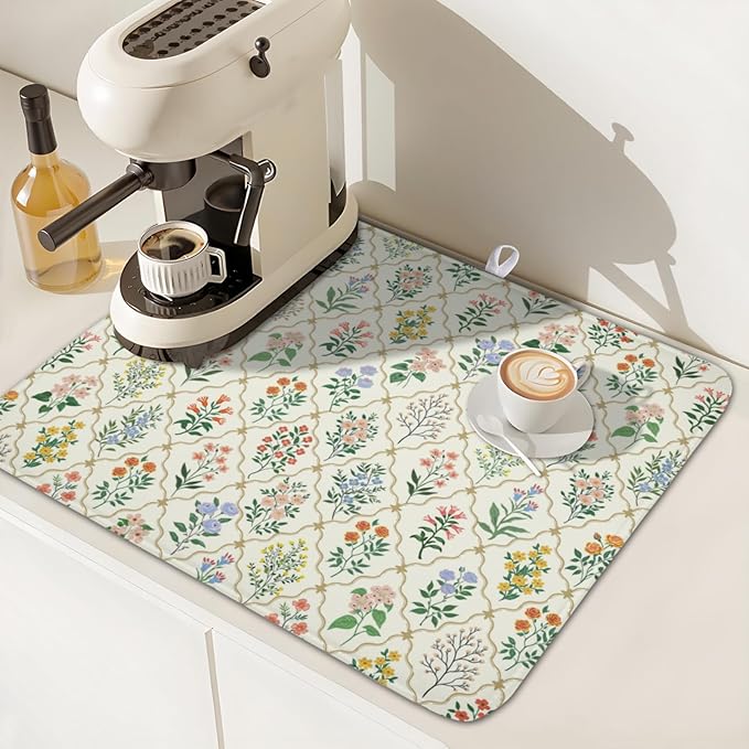 Floral Dish Drying Mat for Kitchen Counter Spring Summer Wild Flowers Diamond Pattern Microfiber Dish Drainer Mat Rustic Absorbent Washable Drying Pad 16"x18"