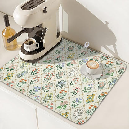 Floral Dish Drying Mat for Kitchen Counter Spring Summer Wild Flowers Diamond Pattern Microfiber Dish Drainer Mat Rustic Absorbent Washable Drying Pad 16"x18"