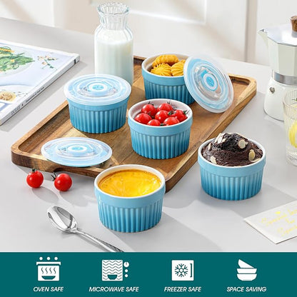 vancasso 6 oz Ramekins with Lid, Porcelain Creme Brulee Souffle Dishes, Blue Pudding Custard Cups Ramiken for Baking, Dishwasher and Oven Safe, Set of 6 - Image 4