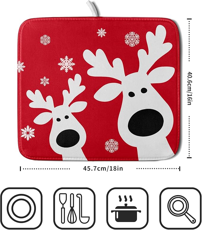 Xmas Dish Drying Mat for Kitchen Counter Cute Reindeer Holiday Snowflake Microfiber Absorbent Dish Draining Reusable Washable Foldable 16"x18" - Image 2