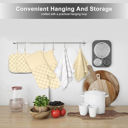 Oven Mitts Kitchen Towels Dishcloths with Pot Holders Sets 12PCS, Dish Towels Sets, Oven Gloves Pot Pads Heat Resistant 500 Degrees with Non-Slip Silicone Surface for Cooking Baking Grilling-Beige - Image 7