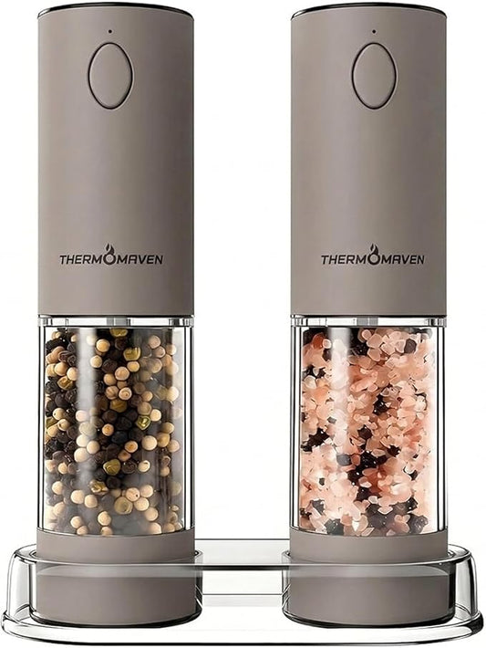 ThermoMaven Electric Salt and Pepper Grinder Set, 110ml Larger Rechargeable Automatic Salt and Pepper Mill Grinder with 6 Adjustable Coarseness, Electric Salt and Pepper Shakers, LED, Greige by ThermoMaven