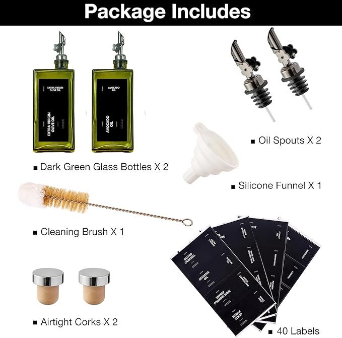 Olive Oil Dispenser Bottle for Kitchen, 16.9oz /500ml Cooking Vinegar Dispenser Bottle Set, Glass Sauce Container, Labels, Brush, Funnel, Stoppers, Green for Oil, Wine - Image 7