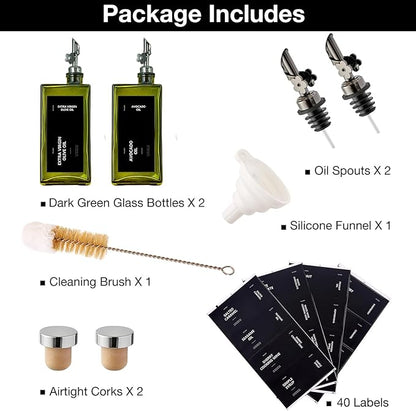 Olive Oil Dispenser Bottle for Kitchen, 16.9oz /500ml Cooking Vinegar Dispenser Bottle Set, Glass Sauce Container, Labels, Brush, Funnel, Stoppers, Green for Oil, Wine - Image 7