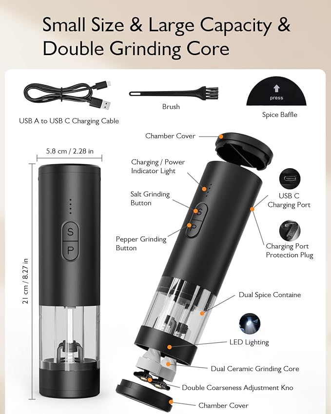 Electric Salt and Pepper Grinder Set, 2 in 1 Dual Bins USB Rechargeable Refillable Automatic Salt and Pepper Mill Shaker with LED Light, Dual Ceramic Grinder Adjustable Coarseness, kitchen gift, Black - Image 7