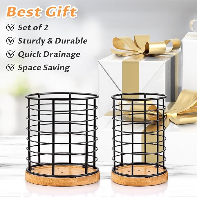 hunnycook 2-Piece Utensil Holders - 5.1*5.1*5.8 and 3.7*3.7*5.8 inches Kitchen Utensil Holders, Metal Black Crocks with Wooden Base, Easy to Drain - Image 6