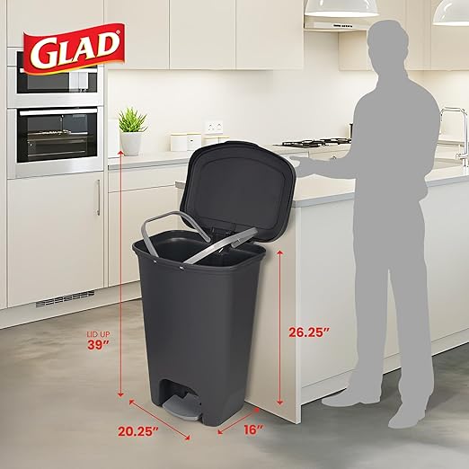 Glad 13 Gallon Trash Can 2 Pack | Plastic Kitchen Waste Bins with Odor Protection of Lid | Hands Free with Step On Foot Pedal and Garbage Bag Rings, 13 Gallon, Charcoal