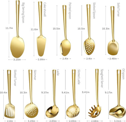 Lazycorner Cooking Utensil Set 11 Pcs Stainless Steel Kitchen Utensils Set Wok Utensils Kitchen Tool Set Spatula Set Heat Resistant Metal Kitchen Tools Ergonomic HandleEasy to Clean Dishwasher Safe
