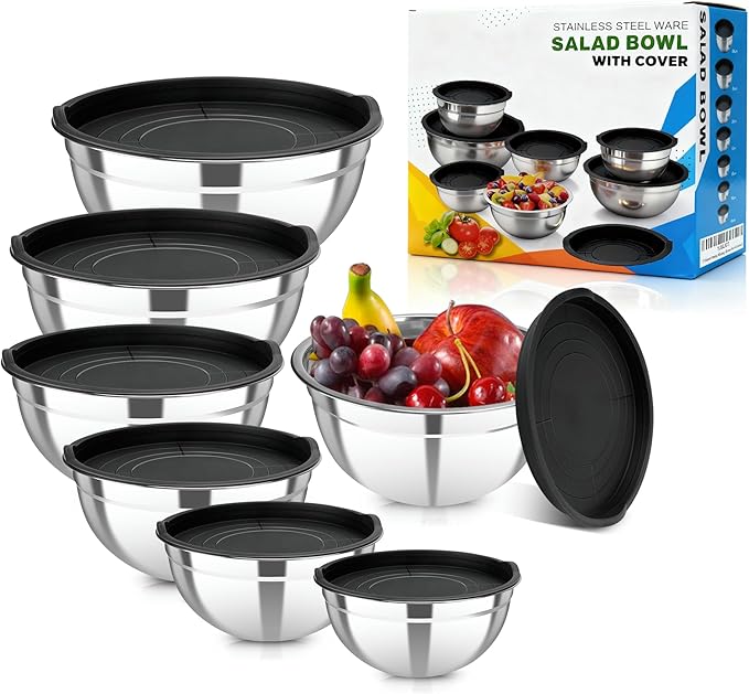 7-Piece Mixing Bowls with Airtight Lids — Stackable Stainless Steel Nesting Bowls, 7 Sizes (0.7Qt–4.5Qt), Space Saving for Kitchen, Dishwasher Safe & BPA-Free