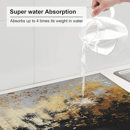 Black Gold Art Splash Dish Drying Mat for Kitchen Counter, Absorbent Microfiber Abstract Modern Drying Pad, 16 x 18 inch, Luxury Decorative Foldable Kitchen Mat for Sink & Coffee Bar, Black Home Decor