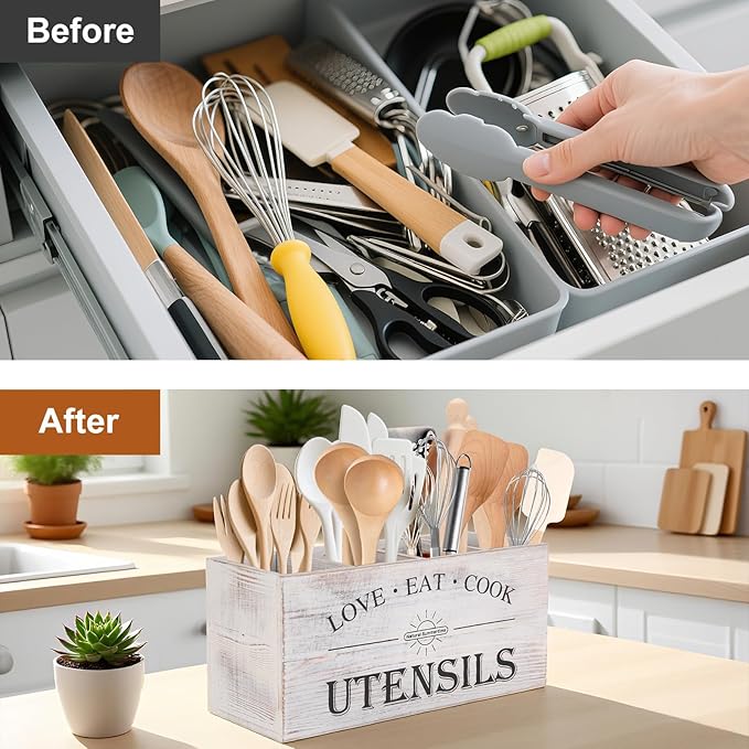 2 PC Wooden Utensil Holder,（With 4-Compartments size*1 + 3-Compartments size*1） Extra Large Kitchen Counter,Cooking Spatula Organizer,Farmhouse Decor, Rustic Cooking Utensil - Image 3