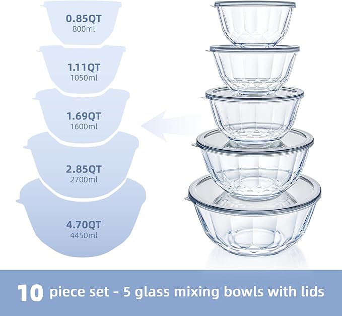 WhiteRhino Glass Mixing Bowls with Lids Set of 5（4.70QT,2.85QT, 1.69QT,1.11QT,0.85QT,Glass Bowls with Lids,Large Salad Bowls Space-Saving Nesting for Cooking,Baking,Prepping,Dishwasher Safe - Image 2