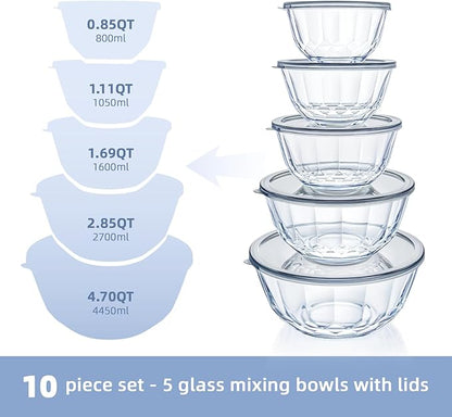 WhiteRhino Glass Mixing Bowls with Lids Set of 5（4.70QT,2.85QT, 1.69QT,1.11QT,0.85QT,Glass Bowls with Lids,Large Salad Bowls Space-Saving Nesting for Cooking,Baking,Prepping,Dishwasher Safe - Image 2