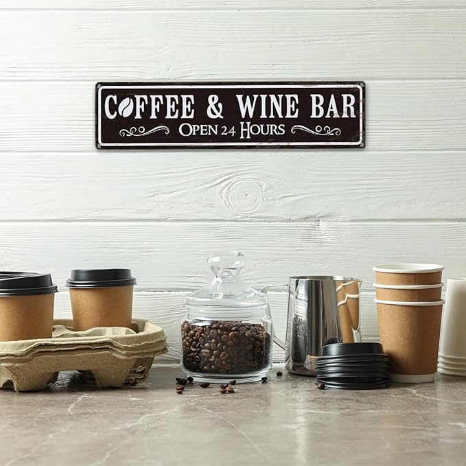Coffee and Wine Bar Decor, Coffee & Wine Bar Open 24 Hours Sign, Retro Metal Tin Sign, Rustic Farmhouse Wall Decoration, Vintage Home Decor for Kitchen, Coffees Station Decors, 15.8x4 Inches - Image 4